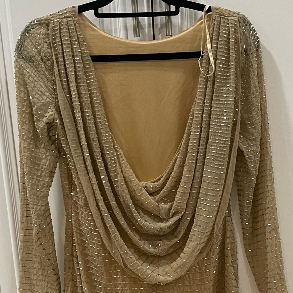 Aidan Mattox Mini Beaded Tan Gold Metallic Dress size 4 Holiday Christmas Party - Picture 3 of 16